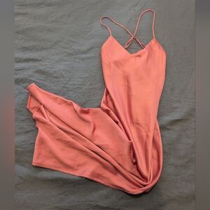 Coral Satin Sheath Dress With Slit And Cowl Back